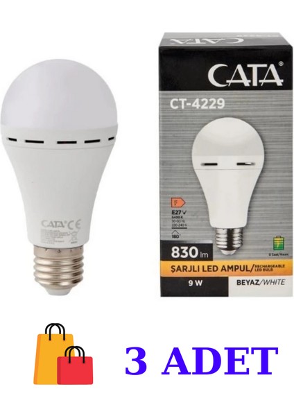 CATA-4229 Şarjlı Led Ampul 9 W Beyaz Işık 3 Adet fırsatları