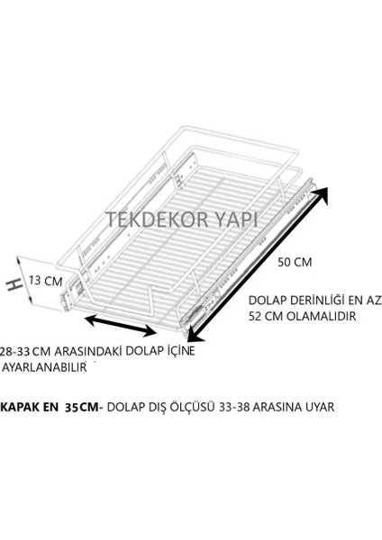 Bağımsız Tandem Frenli Raylı Tel Çekmece Sepeti Kapak En 35 cm