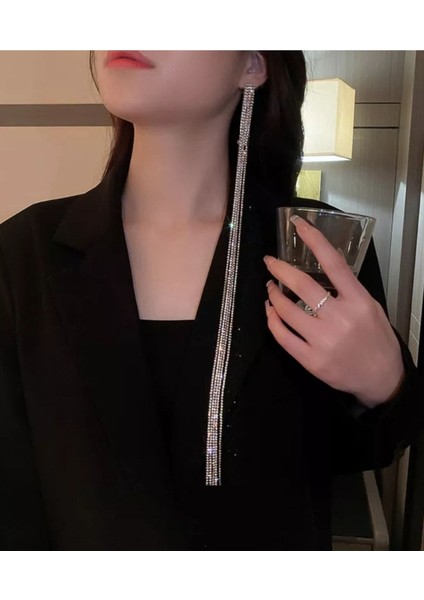 Taşlı 4 Sıra Upuzun 32 cm Tekil Küpe