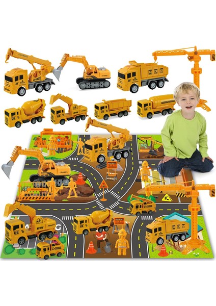Oyun Matlı Inşaat Aracı Oyuncak Kamyon Yol Levhaları, Damperli Kamyonlar, Ekskavatör, Çimento Karıştırıcı Kamyonlar, Vinç, Mühendislik Araçları 3 4 5 6 Yaşındaki Çocuklar Için Oyun (Yurt Dışından)