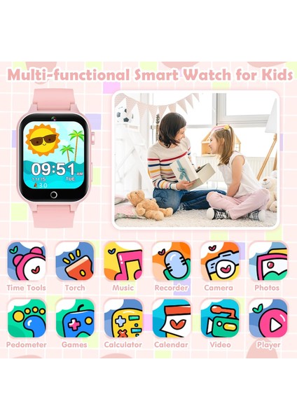 26 Yapboz Oyunu, Dokunmatik Ekran, Hd Kamera, Çalar Saat, 4-12 Yaş Erkek ve Kız Çocuklara Uygun Çocuk Oyuncakları ile Çocuklar Için Akıllı Saat (Yumuşak Pembe) (Yurt Dışından)