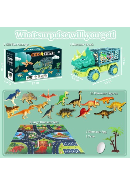 3-8 Yaş Çocuklar Için Dinozor Kamyon Oyuncakları, 15 Dino Figürlü Dino Transport Araba Taşıyıcı Kamyon Oyuncak, Oyun Matı, Dinozor Yumurtaları, Dinozor Oyun Seti, Erkek Kız Çocukla (Yurt Dışından)