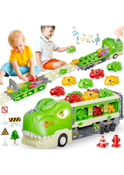 3 4 5 6 7 Yaşındaki Erkek Çocuklar Için Dinozor Kamyon Oyuncakları, Katlanabilir Pist ve 2 Oyunculu Yarış Modu, 6 Dino Araba ve 12 Yol Tabelası ile Işık ve Ses Taşıma Taşıyıcısı, K (Yurt Dışından)
