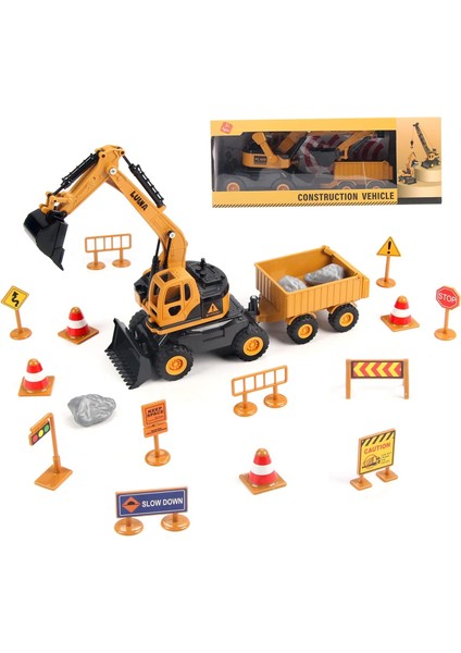 Ekskavatör Oyuncak Kamyonu, Yol Tabelası Aksesuarlarıyla Inşaat Kamyonu Oyuncak Seti (15PCS), Kum Partisi Lehine Için Dış Mekan Mühendislik Aracı, 3-8 Yaşında Bebekler Çocuk Erkek (Yurt Dışından)