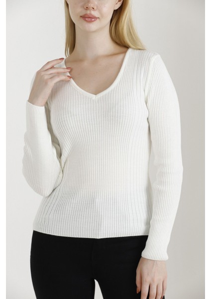 Kadın Ekru V Yaka Triko Kazak modelleri