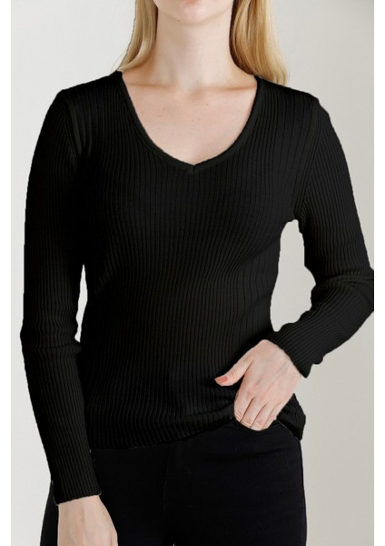 Kadın Siyah V Yaka Triko Kazak