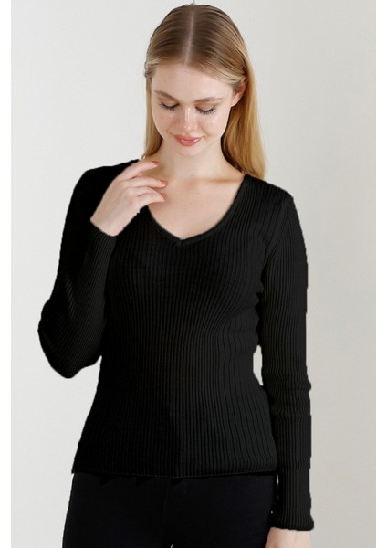 Kadın Siyah V Yaka Triko Kazak fiyatları