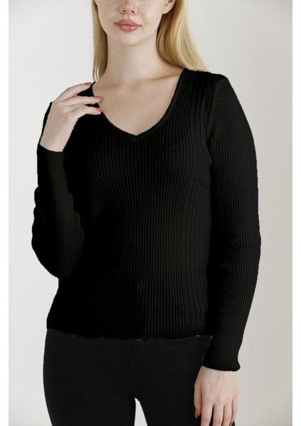 Kadın Siyah V Yaka Triko Kazak modelleri