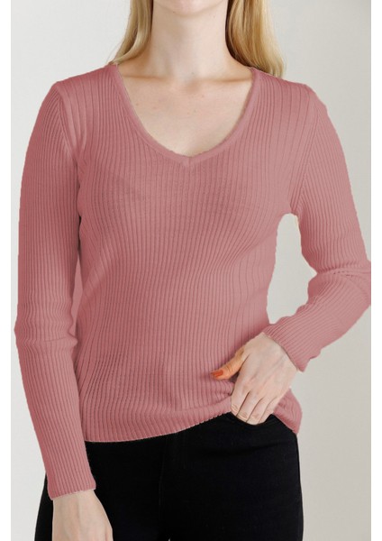 Kadın Gül Kurusu V Yaka Triko Kazak