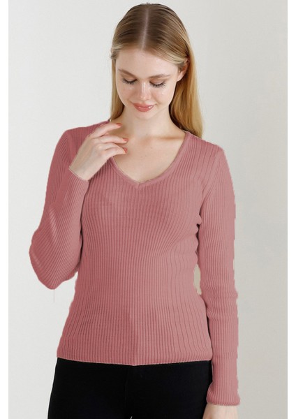 Kadın Gül Kurusu V Yaka Triko Kazak fiyatları