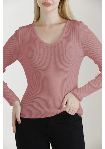 Kadın Gül Kurusu V Yaka Triko Kazak modelleri