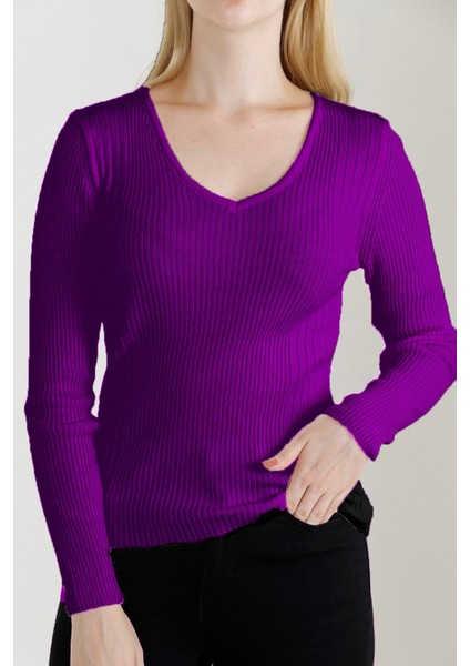 Kadın Mor V Yaka Triko Kazak
