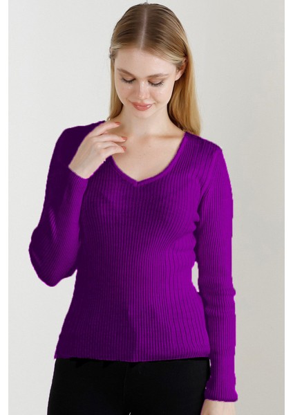 Kadın Mor V Yaka Triko Kazak fiyatları