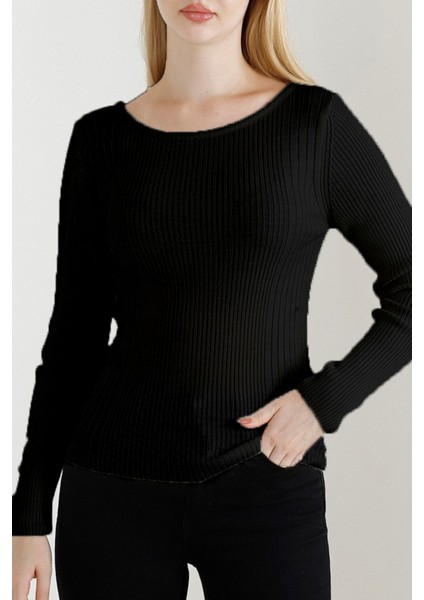 Kadın Siyah Kayık Yaka Triko Kazak