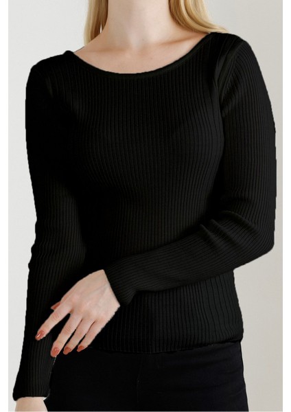 Kadın Siyah Kayık Yaka Triko Kazak modelleri