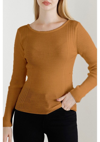 Kadın Kamel Kayık Yaka Triko Kazak
