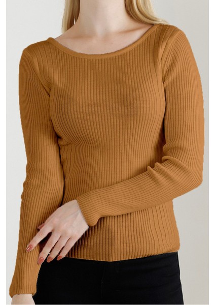 Kadın Kamel Kayık Yaka Triko Kazak modelleri