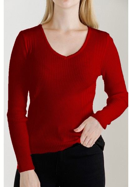 Kadın Kırmızı V Yaka Triko Kazak