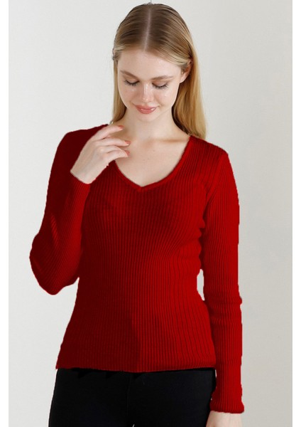 Kadın Kırmızı V Yaka Triko Kazak fiyatları