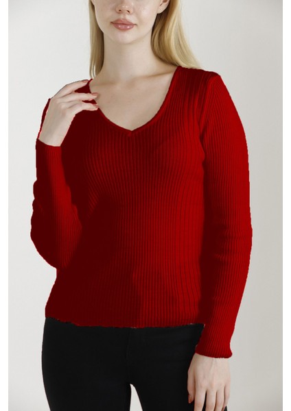 Kadın Kırmızı V Yaka Triko Kazak modelleri