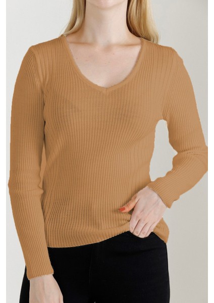 Kadın Kamel V Yaka Triko Kazak