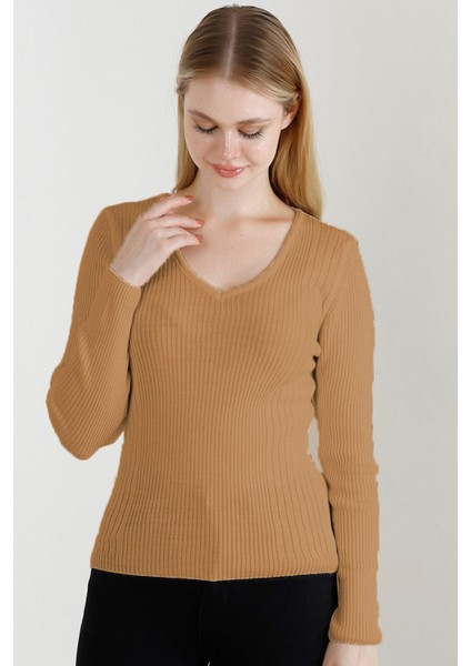 Kadın Kamel V Yaka Triko Kazak fiyatları