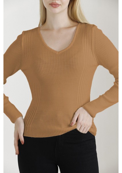 Kadın Kamel V Yaka Triko Kazak modelleri