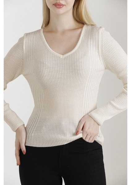 Kadın Bej V Yaka Triko Kazak modelleri