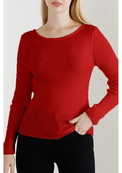 Kadın Kırmızı Kayık Yaka Triko Kazak