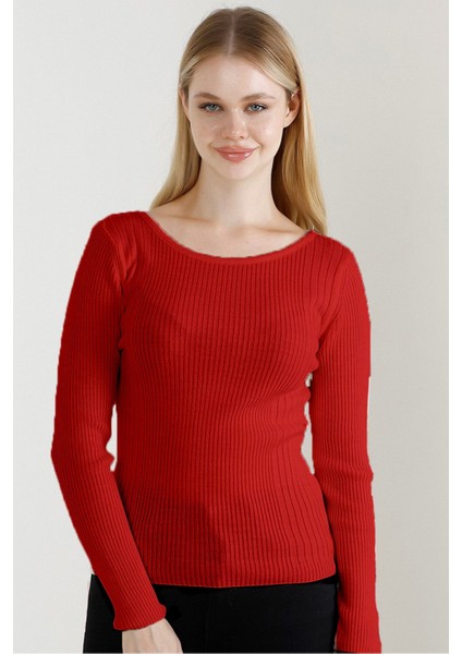 Kadın Kırmızı Kayık Yaka Triko Kazak fiyatları