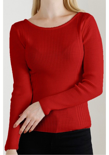 Kadın Kırmızı Kayık Yaka Triko Kazak modelleri