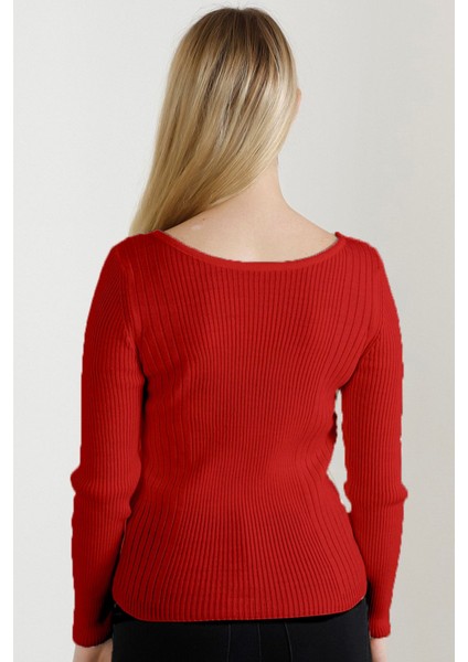 Kadın Kırmızı Kayık Yaka Triko Kazak fırsatları