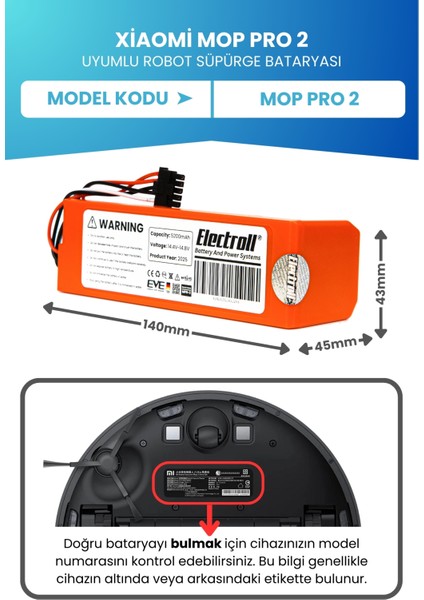 Xiaomi Mop Pro 2 Uyumlu Batarya (ORJİNAL KAPASİTE) 5200mah Robot Süpürge Batarya