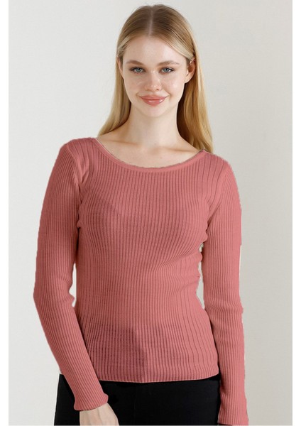 Kadın Gül Kurusu Kayık Yaka Triko Kazak fiyatları