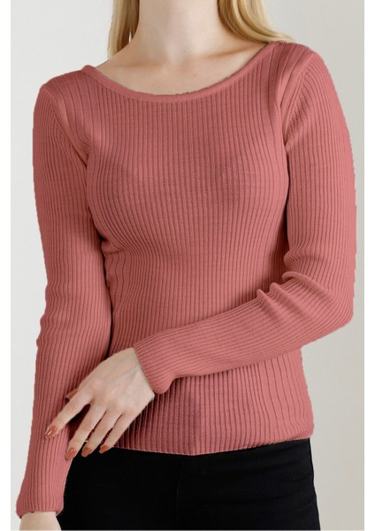 Kadın Gül Kurusu Kayık Yaka Triko Kazak modelleri