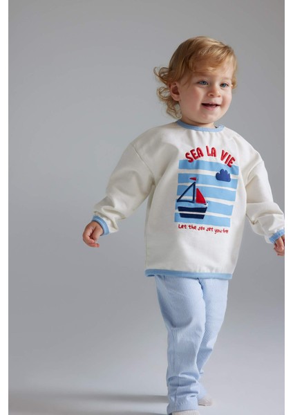 Erkek Bebek 2'li Takım Bisiklet Yaka Baskılı Sweatshirt Çizgili Alt D9088A525SP