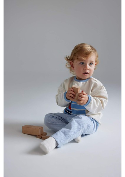 Erkek Bebek 2'li Takım Bisiklet Yaka Baskılı Sweatshirt Çizgili Alt D9088A525SP