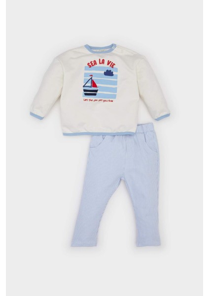 Erkek Bebek 2'li Takım Bisiklet Yaka Baskılı Sweatshirt Çizgili Alt D9088A525SP