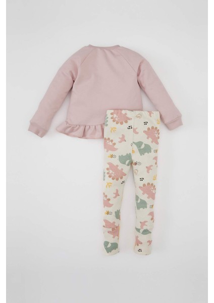 Kız Bebek 2'li Takım Baskılı Bisiklet Yaka Sweatshirt Üst Beli Lastikli Desenli Uzun Tayt D2719A524AU