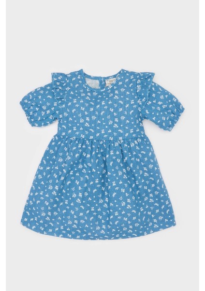 Kız Bebek Desenli Kısa Kollu Flamlı Poplin Elbise E5809A525SP