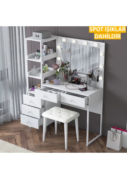BJ155 Makyaj Masası 5 Çekmeceli Raflı Işıklı Aynalı Takı Düzenleyici Puf Takım Beyaz