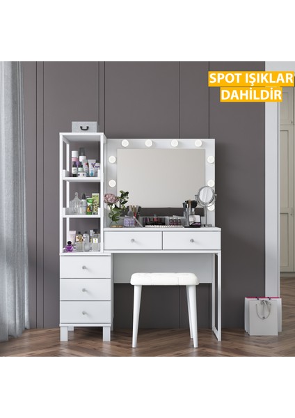 BJ155 Makyaj Masası 5 Çekmeceli Raflı Işıklı Aynalı Takı Düzenleyici Puf Takım Beyaz