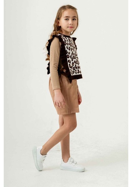 Leopar Triko Desenli Fırfırlı Kız Çocuk Şort etekli takım - Koyukahve
