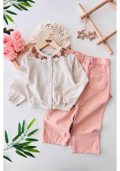 Yaka Çiçek Örgü Detaylı Renkli Kot Cepli Pantolonlu kız çocuk takım - Somon