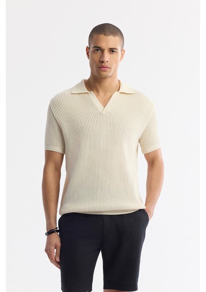 Erkek Bej %100 Pamuk Polo Yaka Düğmesiz Ajurlu Triko T-shirt A51y5166
