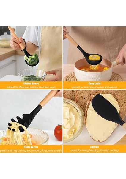 Ahşap Saplı Silikon Uçlu Spatula Yemek Pişirme Seti 10 'lu