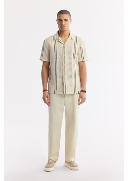 Erkek Bej Apaj Yaka Çizgili Pamuklu Kısa Kol Comfort Fit Gömlek A51Y2071 indirimleri