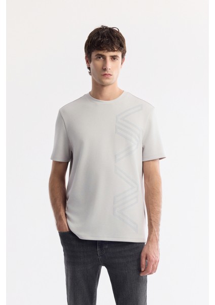 Erkek Gri Bisiklet Yaka Puff Print T-shirt A51y1004