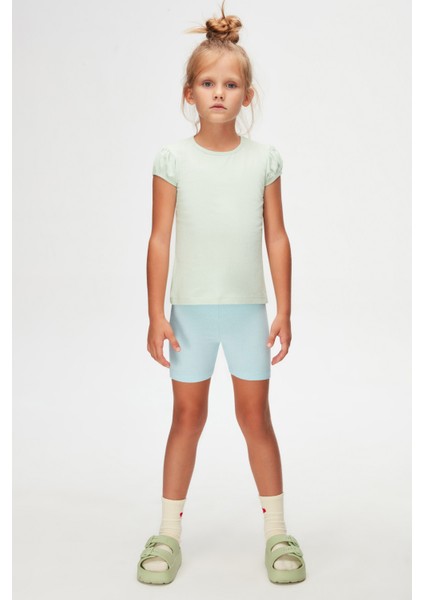 Soft Yeşil Basic Kız Çocuk Sıfır Yaka Karpuz Kol Tişört