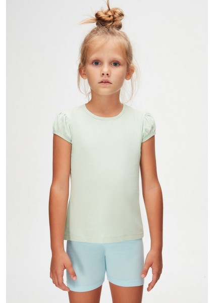 Soft Yeşil Basic Kız Çocuk Sıfır Yaka Karpuz Kol Tişört fiyatları
